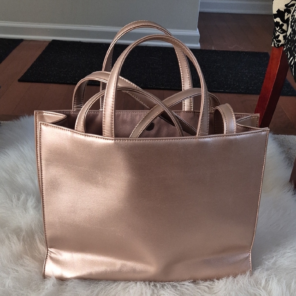 Telfar Metallic Rose Gold Shopping Tote with Embossed Logo - Picture 4 of 7